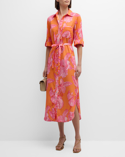 Shop Finley Alex Floral-print Cotton Midi Shirtdress In Orangepink