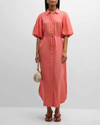 Shop Finley Madeline Blouson-sleeve Linen Maxi Shirtdress In Peony Pink