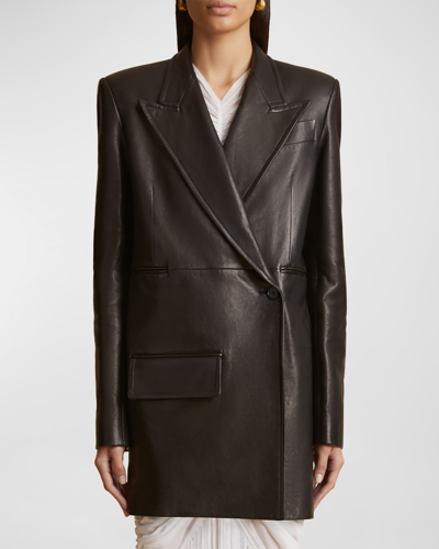 Shop Khaite Jacobson Textured Leather Double-breasted Blazer Jacket In Black