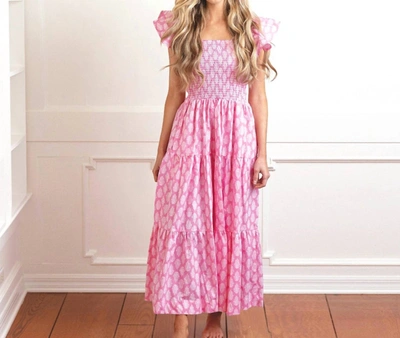 Shop 8 Oak Lane Block Print Smocked House Dress In Pink & White In Multi