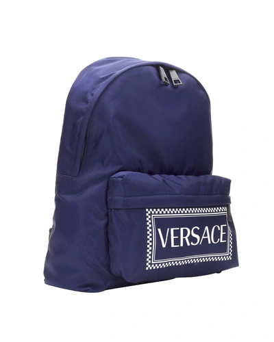 Shop Versace New  90's Box Logo Navy Blue Nylon Greca Strap Backpack