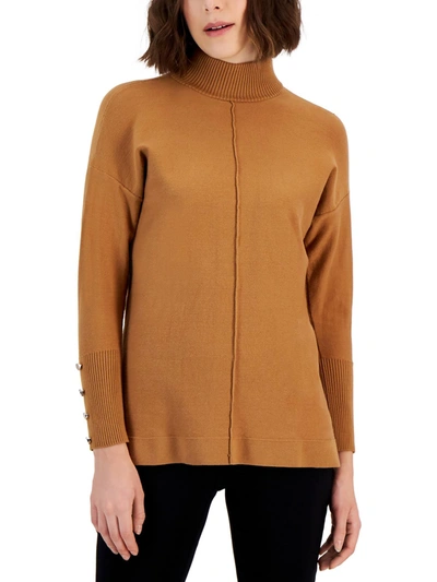 Shop Anne Klein Plus Womens Embellished Ribbed Trim Mock Turtleneck Sweater In Brown