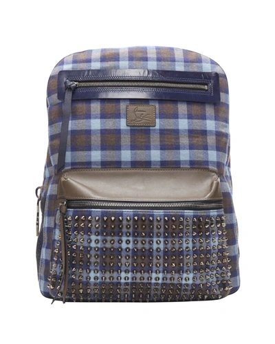 Shop Christian Louboutin Backloubi Blue Brown Gingham Check Spike Stud Backpack Bag