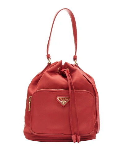Shop Prada Red Nylon Gold Triangle Plate Drawstring Bucket Crossbody Shoulder Bag