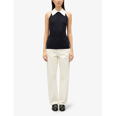 Shop Claudie Pierlot Women's Bleus Shirt-collar Slim-fit Knitted Top