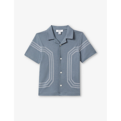 Shop Reiss Arlington Stripe-embroidered Short-sleeve Cotton Shirt 3-9 Years In Airforce Blue