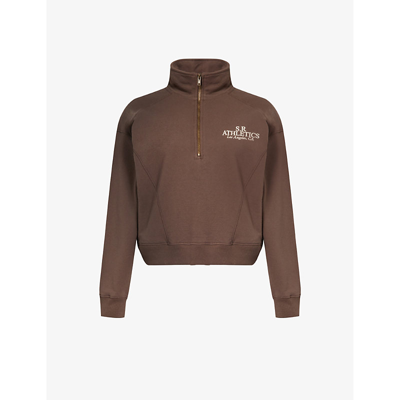 Shop Sporty And Rich Sporty & Rich Womens Chocolate Logo-print Quarter-zip Cotton-jersey Sweatshirt