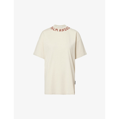 Shop Palm Angels Seasonal Brand-typography Cotton-jersey T-shirt In Off White Red