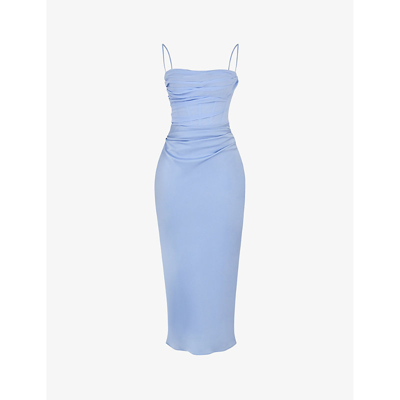 Shop House Of Cb Teia Gathered-front Satin Midi Dress In Sky
