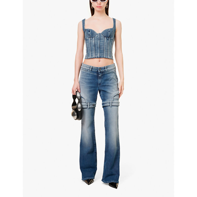 Shop Off-white C/o Virgil Abloh Women's Blue Upside Down Flared-leg Mid-rise Stretch-denim Jeans