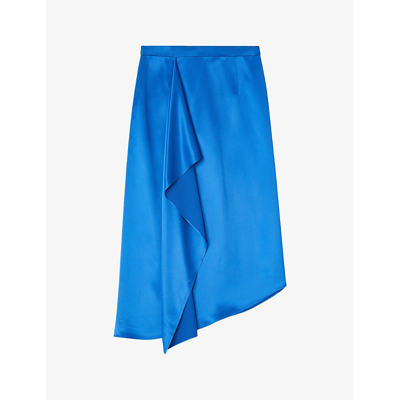 Shop Lk Bennett Womens Blu-blue Zope Drape-trim Satin Midi Skirt