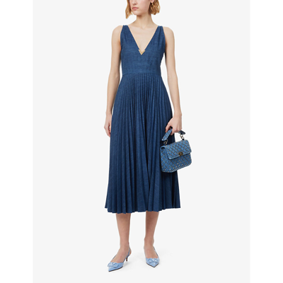 Shop Valentino Plunge-neck Logo-plaque Denim Maxi Dress In Medium Blue Denim