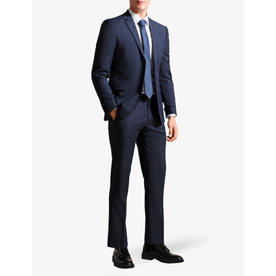 Shop Ted Baker Men's Navy Chelart Slim-fit Check-pattern Stretch-wool Trousers
