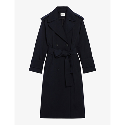 Shop Claudie Pierlot Women's Bleus Wide-collar Belted-waist Cotton Trench Coat