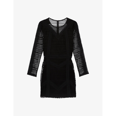 Shop The Kooples Womens Black Open-weave Round-neck Knitted Mini Dress