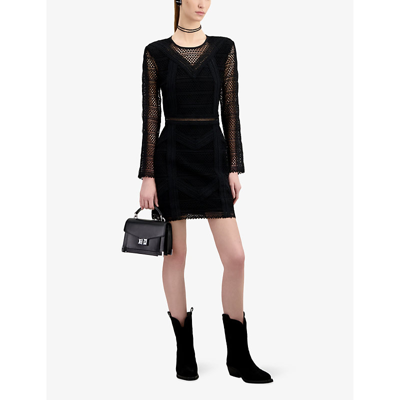 Shop The Kooples Womens Black Open-weave Round-neck Knitted Mini Dress