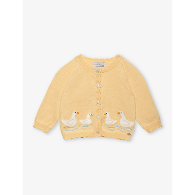 Shop Trotters Girls Pale Yellow Kids Duckling Cotton And Wool Knitted Cardigan 0-9 Months