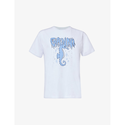 Shop Ganni Women's Bright White Seahorse Graphic-pattern Organic-cotton T-shirt