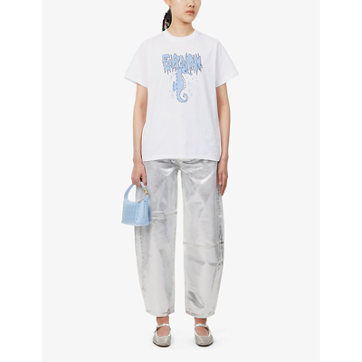Shop Ganni Women's Bright White Seahorse Graphic-pattern Organic-cotton T-shirt