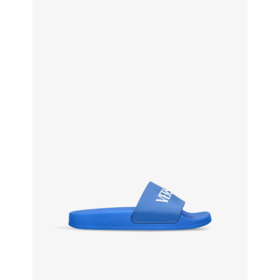 Shop Versace Boys Blue Kids Logo-debossed Rubber Sliders