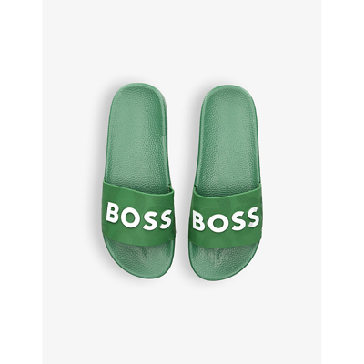 Shop Boss By Hugo Boss Boys Khaki Kids Aqua Brand-debossed Rubber Sliders