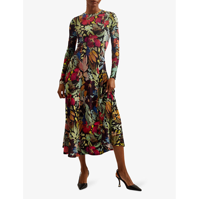 Shop Ted Baker Alexann Floral-print Long-sleeve Stetch-woven Midi Dress In Black