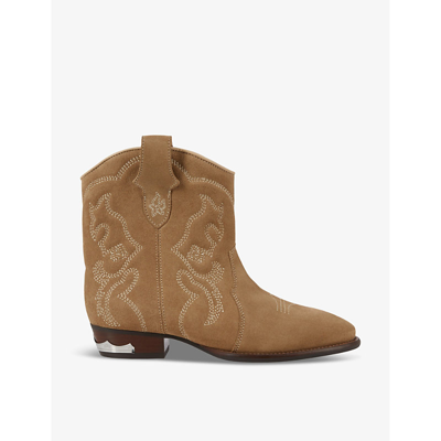 Shop The Kooples Womens Brown Western Embroidered Suede Heeled Ankle Boots