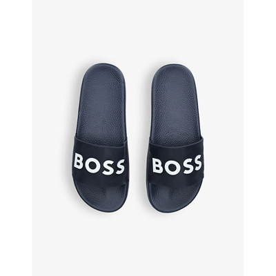 Shop Boss By Hugo Boss Boys Navy Kids Aqua Brand-debossed Rubber Sliders