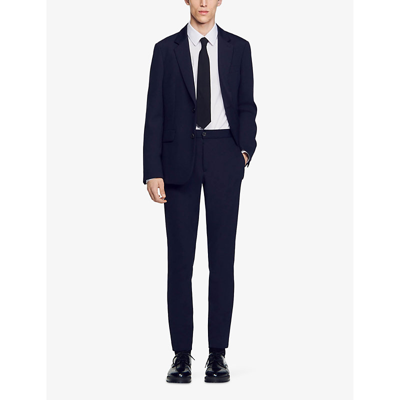 Shop Sandro Men's Bleus Unstructured Mid-rise Slim-fit Straight-leg Stretch-woven Trousers