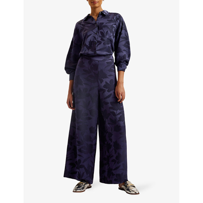 Shop Ted Baker Maurah Wide-leg High-rise Woven Trousers In Navy