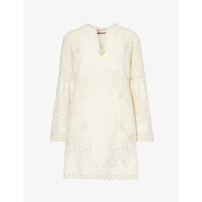 Shop Valentino V-neck Floral-pattern Cotton-blend Mini Dress In Avorio