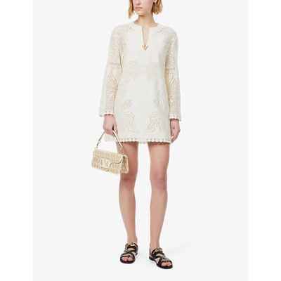 Shop Valentino V-neck Floral-pattern Cotton-blend Mini Dress In Avorio