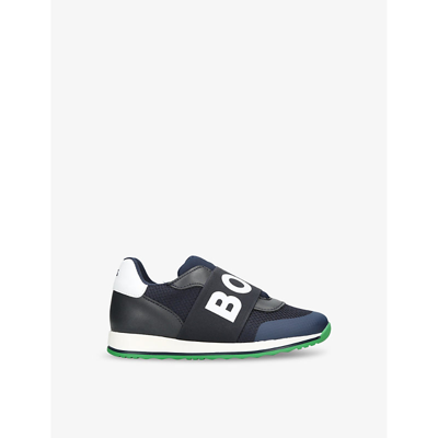 Shop Boss By Hugo Boss Boys Navy Kids Logo-strap Low-top Mesh Woven Trainers