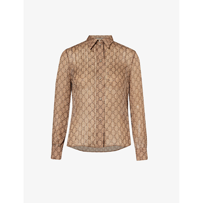 Shop Gucci Women's Beige Ebony Mc Monogram-pattern Collar Silk Shirt