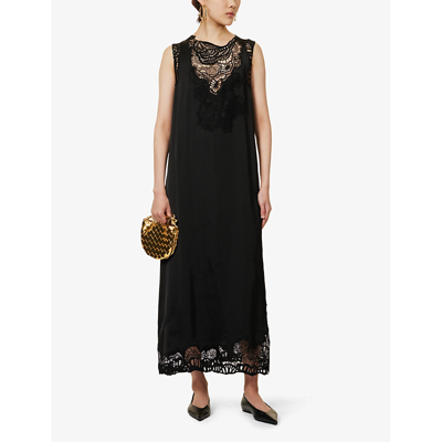 Shop Jil Sander Women's Black Lace-trim Split-hem Satin Midi Dress