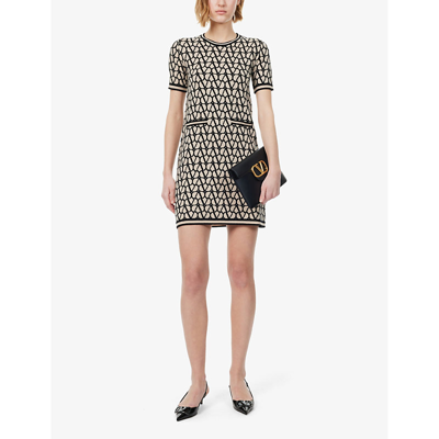 Shop Valentino Vlogo-pattern Flared-hem Wool Mini Dress In Beige/nero