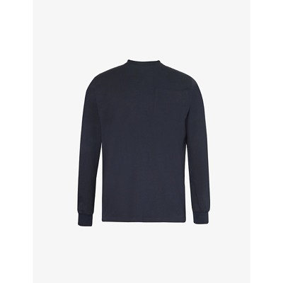 Shop Arne Mens Navy Long-sleeved Brand-embroidered Cotton-jersey T-shirt