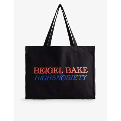 Shop Highsnobiety Beigel Bake Brand-print Cotton-canvas Tote Bag In Black