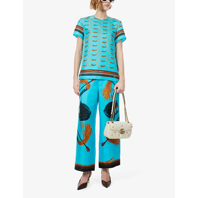 Shop Gucci Women's Turquoise Brown Mc Graphic-print Short-sleeve Silk Top