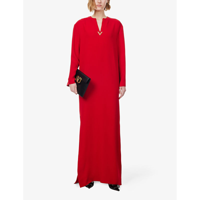 Shop Valentino V-neck Logo-plaque Silk Gown In Rosso