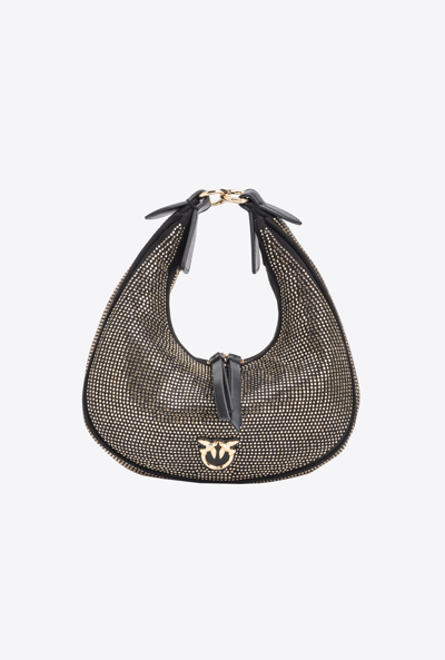 Pinko Mini Brioche Bag Hobo Avec Strass All-over In Noir Limousine-or Brillant
