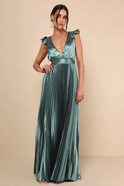 Lulus Exceptional Drama Sage Green Satin Lace-up Pleated Maxi Dress In Sage Green