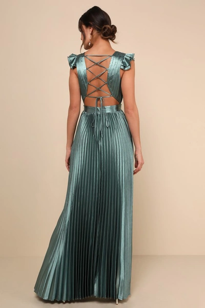 Lulus Exceptional Drama Sage Green Satin Lace-up Pleated Maxi Dress In Sage Green
