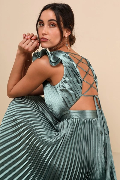Lulus Exceptional Drama Sage Green Satin Lace-up Pleated Maxi Dress In Sage Green