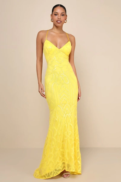 Lulus Perfect Enchantment Yellow Sequin Lace-up Mermaid Maxi Dress In Yellow