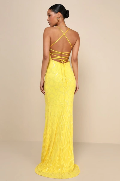Lulus Perfect Enchantment Yellow Sequin Lace-up Mermaid Maxi Dress In Yellow