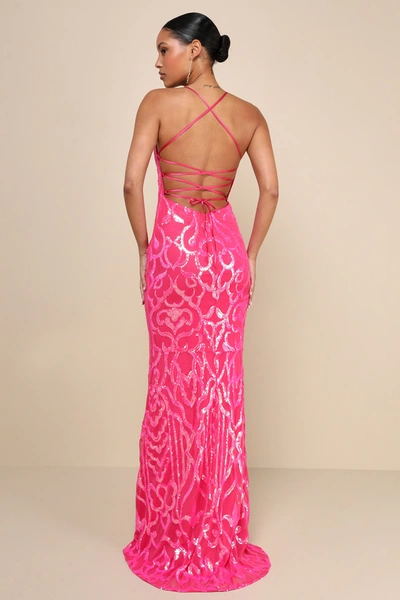 Lulus Perfect Enchantment Hot Pink Sequin Lace-up Mermaid Maxi Dress In Hot Pink