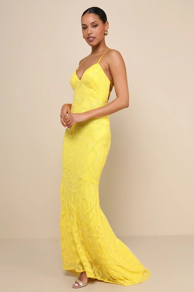 Lulus Perfect Enchantment Yellow Sequin Lace-up Mermaid Maxi Dress In Yellow