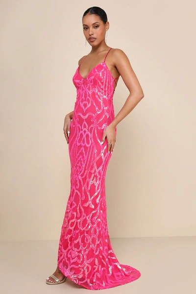 Lulus Perfect Enchantment Hot Pink Sequin Lace-up Mermaid Maxi Dress In Hot Pink