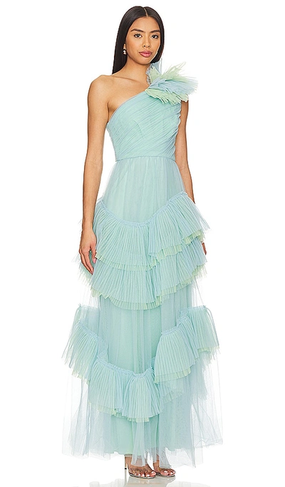 Shop Bcbgmaxazria One Shoulder Tulle Gown In 蓝色拼接